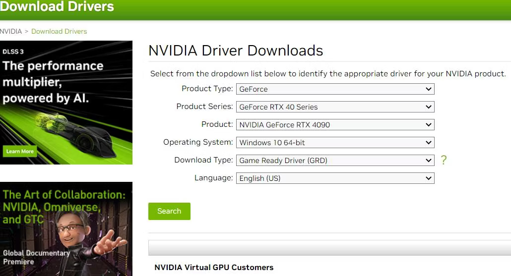 صفحه دانلود درایور NVIDIA