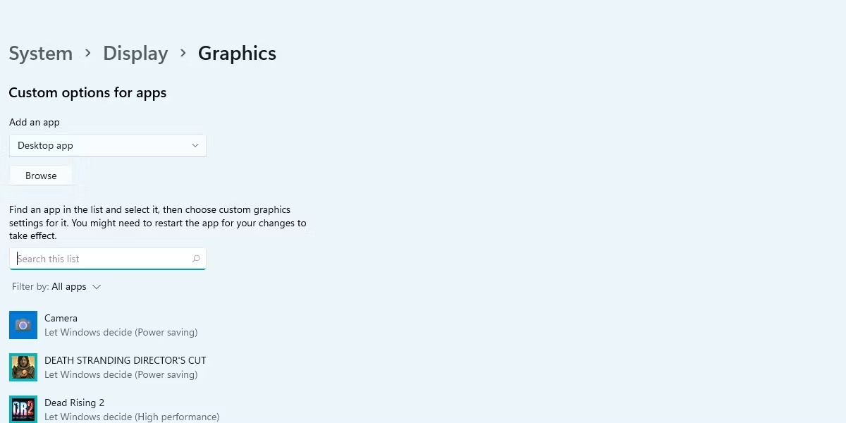 اسکرین شات صفحه تنظیمات گرافیک ویندوز