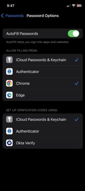 صفحه نمایش در منوی گزینه های رمز عبور iOS که به شما امکان می دهد مدیر رمز عبور را انتخاب کنید