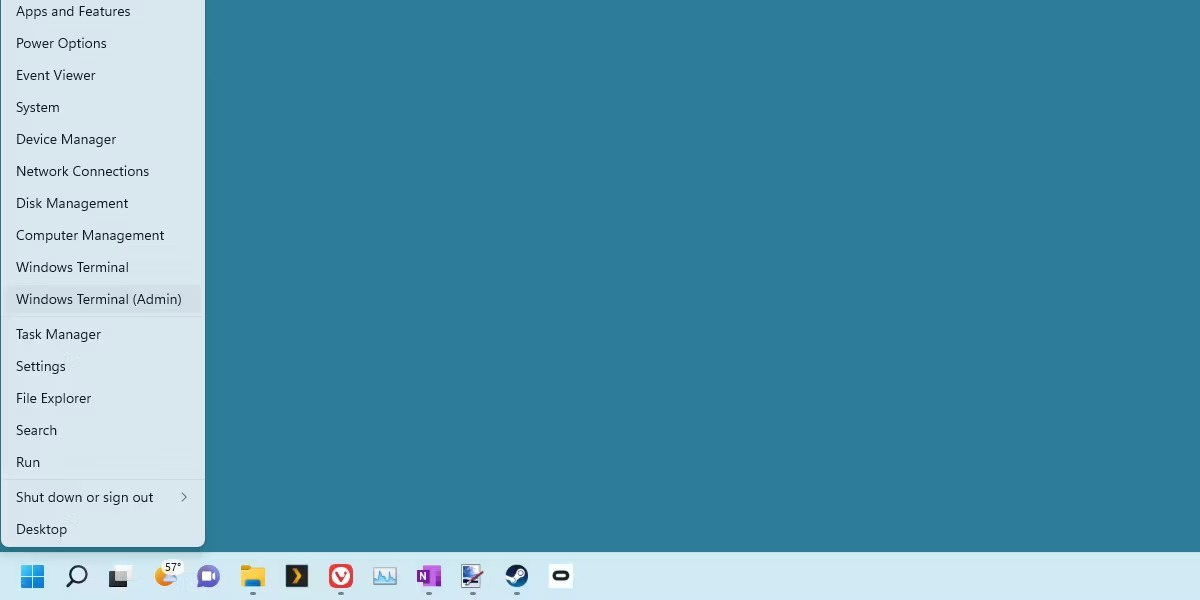 اسکرین شات از منوی فرمان سریع که ترمینال ویندوز را در حالت مدیریت باز می کند