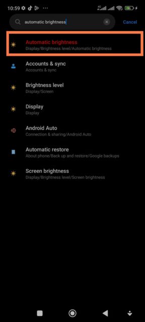جستجوی روشنایی خودکار در منوی تنظیمات اندروید