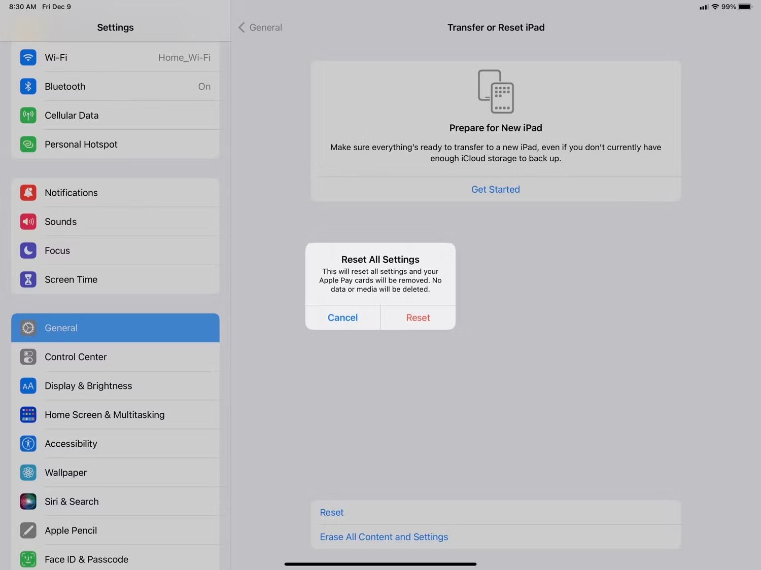 بازنشانی همه تنظیمات در iPad.