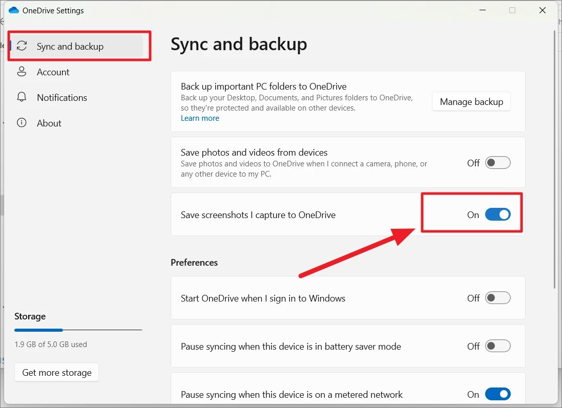 سوییچ Save screenshots I capture to OneDrive را روشن کنید