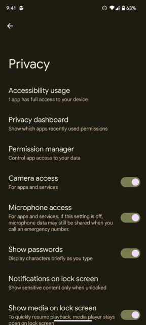 صفحه تنظیمات حریم خصوصی Android 13