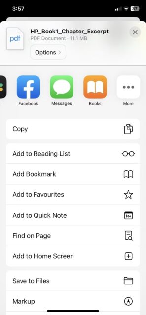 apple books در گزینه های اشتراک گذاری