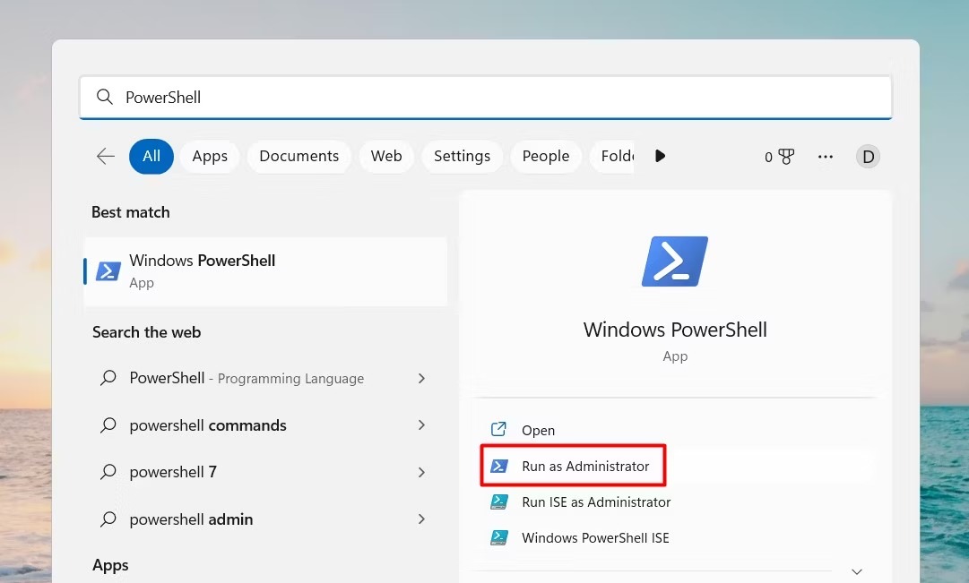 Windows PowerShell را با استفاده از جستجوی ویندوز باز کنید