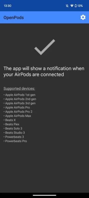 نحوه بررسی باتری AirPods در اندروید 2 صفحه اصلی برنامه OpenPods