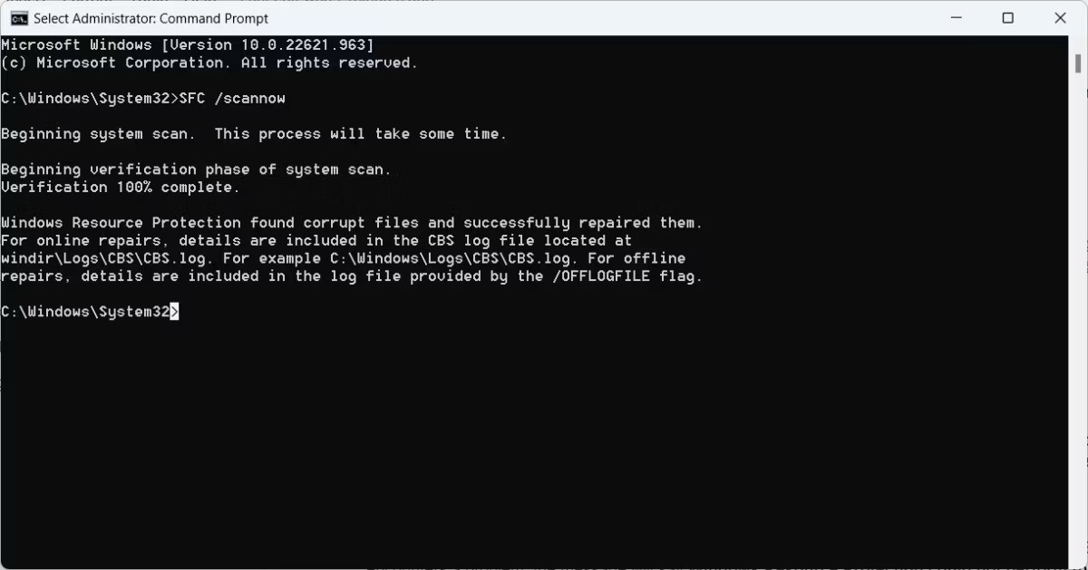 نتایج یک اسکن sfc در Command Prompt در ویندوز