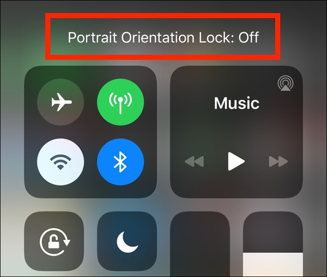 پیام Portrait Orientation Lock Off نمایش داده شده در آیفون