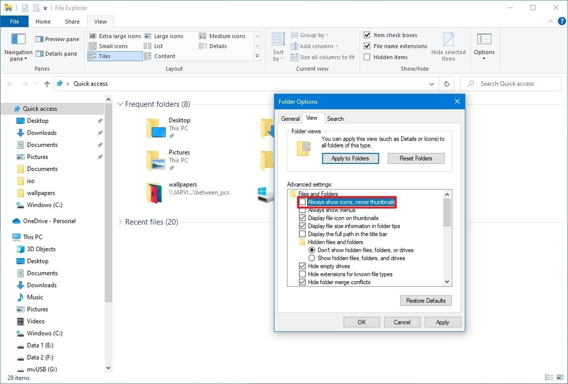 روش حل مشکل به هم ریختن تصاویر کوچک فایل ها در ویندوز 10 4 File Explorer ریز عکسها را فعال می کند