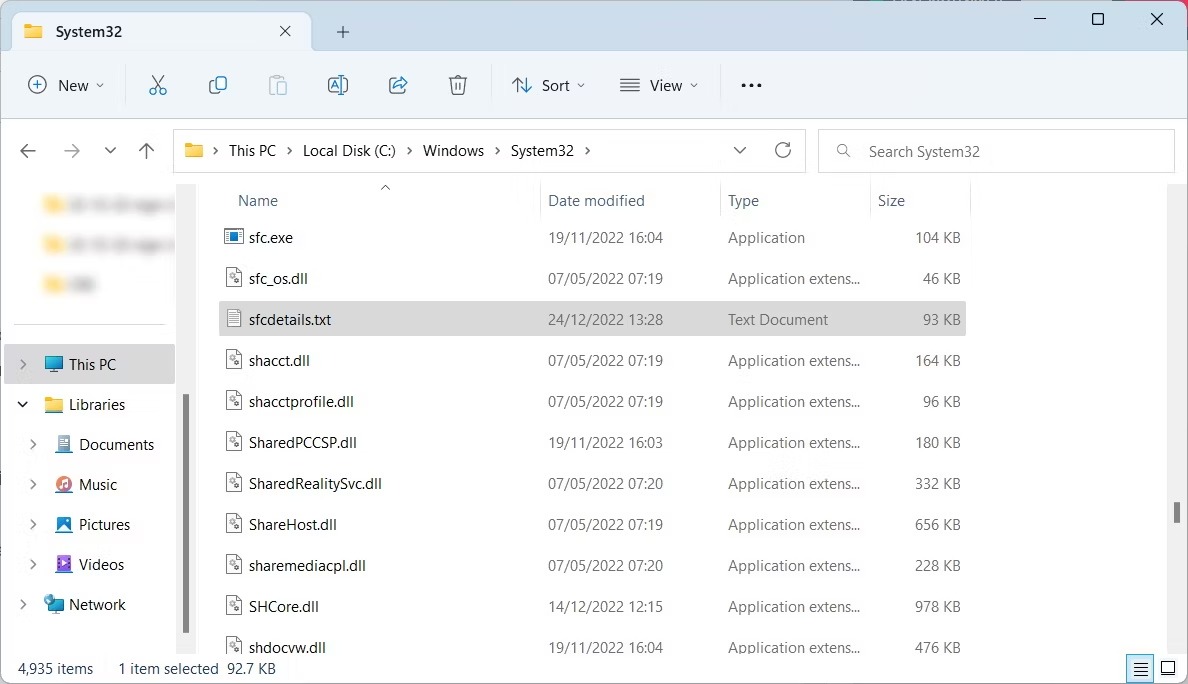 فایل متنی جزئیات sfc در File Explorer در ویندوز 11