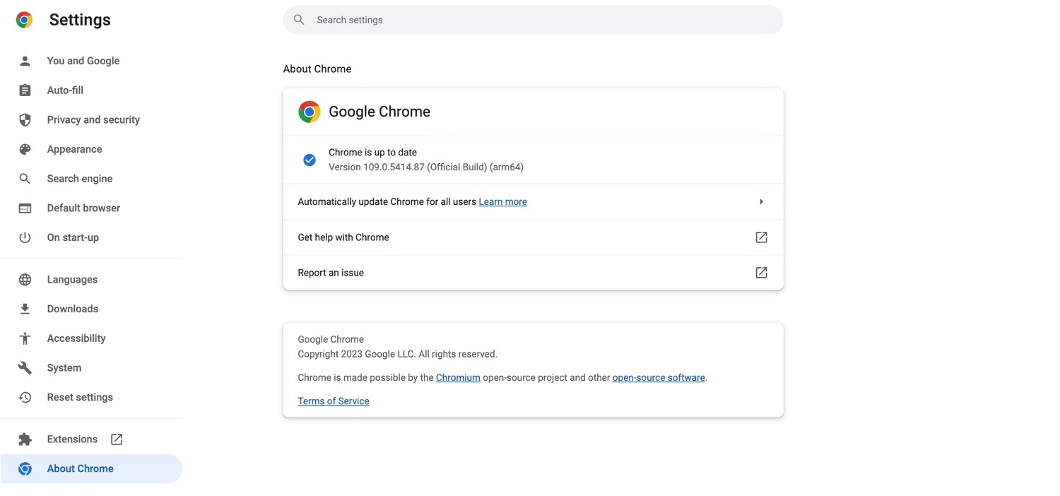 نماگرفت درباره Chrome که به‌روزرسانی Chrome را نشان می‌دهد