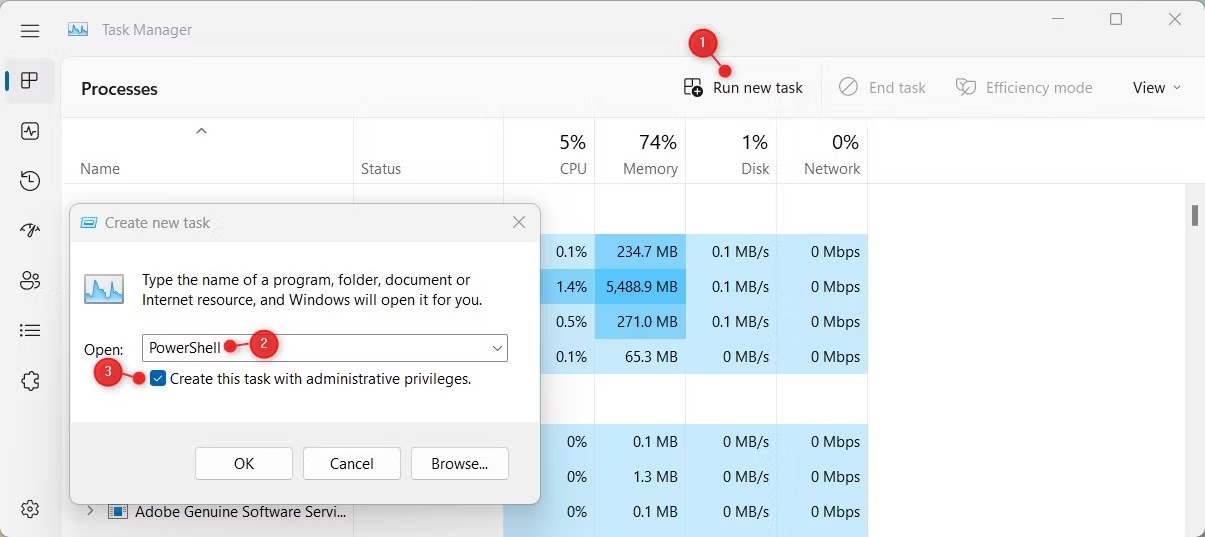 Windows PowerShell را با استفاده از Task Manager باز کنید