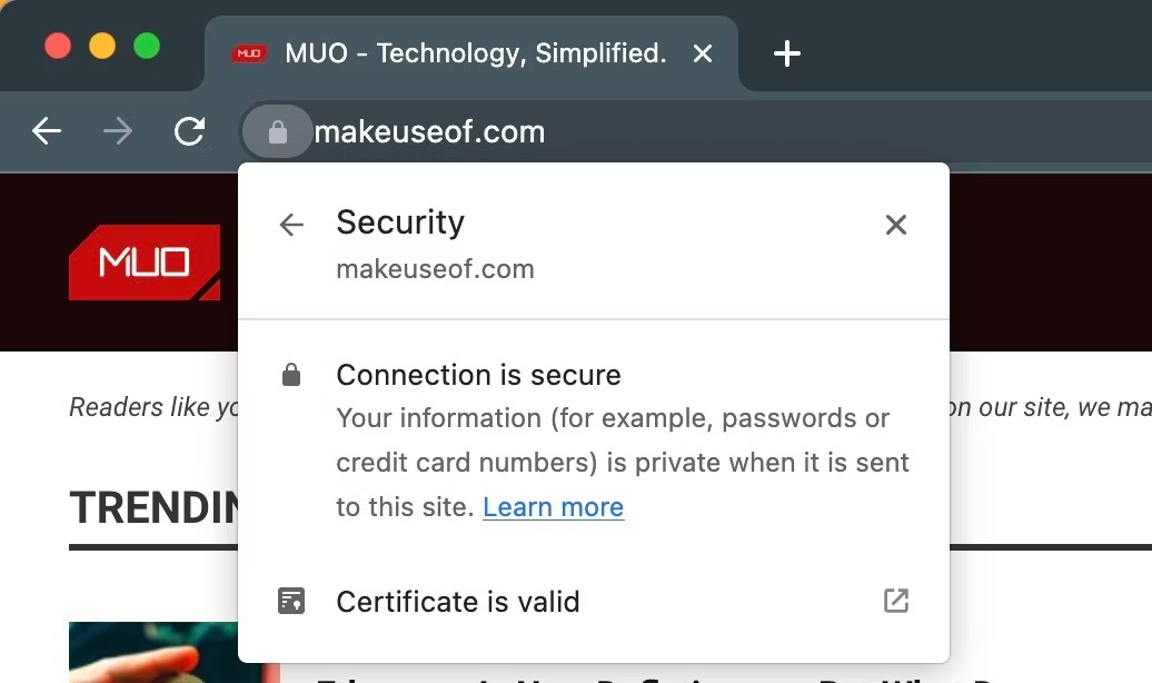 9 راه حفاظت از مک در برابر Malware 6 تصویر صفحه مرورگر کروم که گواهی SSL را نشان می دهد