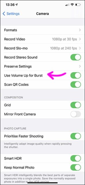 'Use Volume Up for Burst' را در تنظیمات دوربین فعال کنید