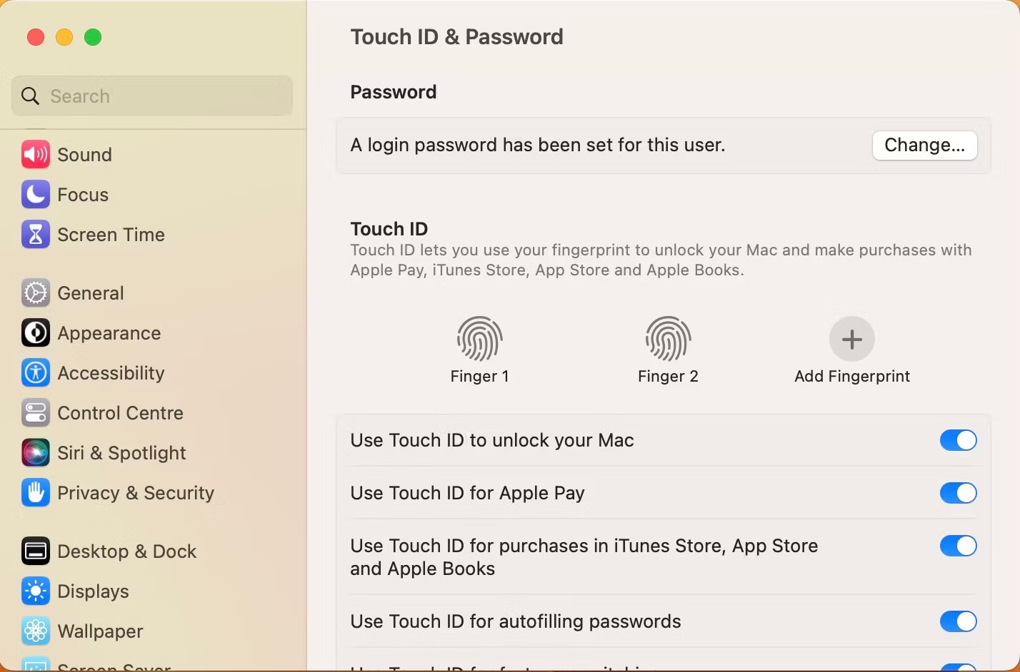 تصویری از Touch ID و رمز عبور در تنظیمات سیستم