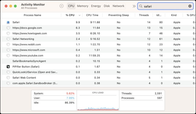 فرآیندهای macOS را که با 'Safari' مطابقت دارند را در Activity Monitor جستجو کنید