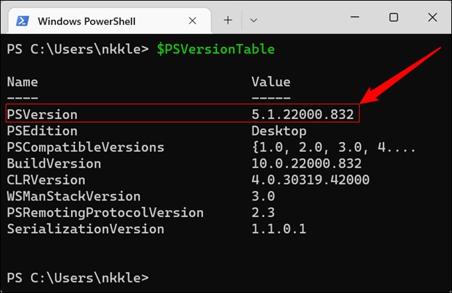 نسخه فعلی PowerShell پس از اجرای '$PSVersionTable' نمایش داده می شود