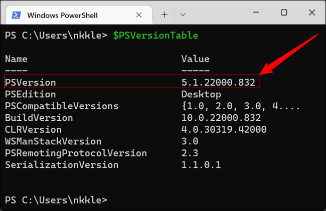 نحوه بررسی ورژن PowerShell در ویندوز 11 1 نسخه فعلی PowerShell پس از اجرای '$PSVersionTable' نمایش داده می شود