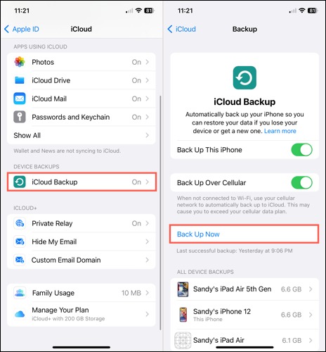 اکنون در تنظیمات iCloud Backup پشتیبان‌گیری کنید