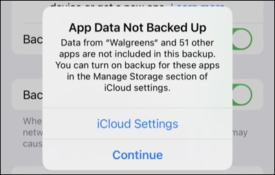 نحوه بک آپ گرفتن از آیفون با iCloud 3 هشدار برای داده های برنامه که در نسخه پشتیبان گنجانده نشده است