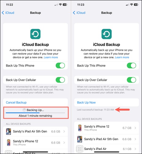 نحوه بک آپ گرفتن از آیفون با iCloud 4 پیشرفت پشتیبان گیری و زمان پشتیبان گیری موفقیت آمیز