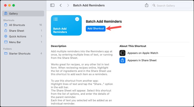 میانبر را در برنامه Shortcuts در Mac اضافه کنید