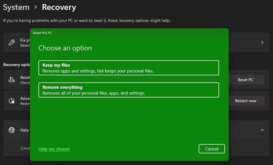 Windows 11 Factory Reset گزینه Keep Files