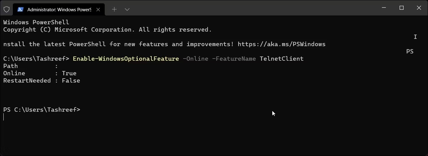 3 راه فعال کردن Telnet در ویندوز 11 3 Powershell کلاینت telnet را فعال کنید
