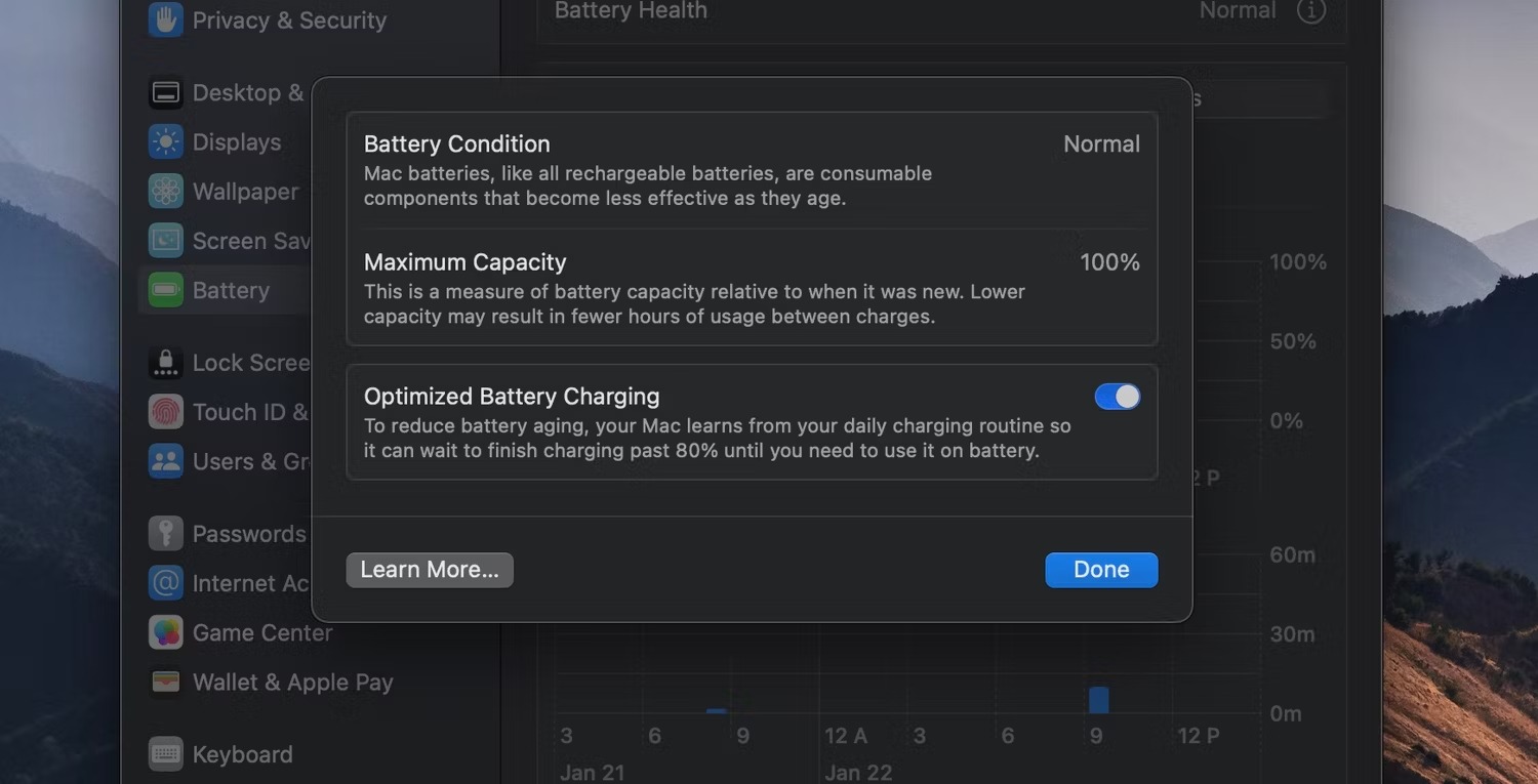 حداکثر ظرفیت باتری در macOS Ventura