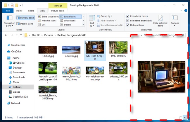نمونه ای از پنجره پیش نمایش در Windows 10 File Explorer