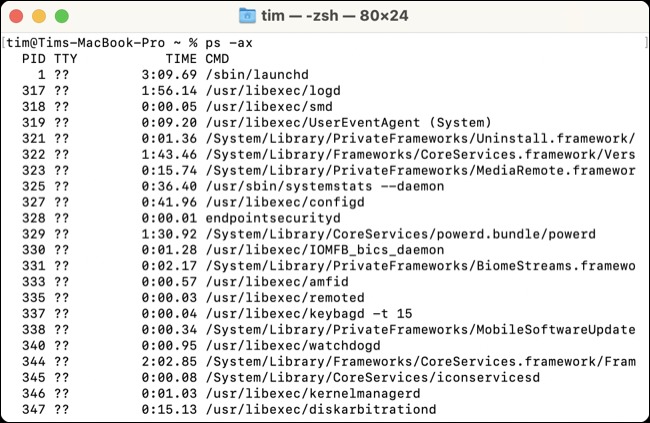 فرآیندهای در حال اجرا را بر اساس PID در ترمینال macOS فهرست کنید