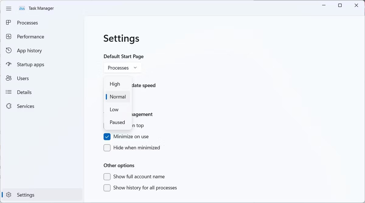 سرعت به‌روزرسانی Task Manager را در تنظیمات آن انتخاب کنید