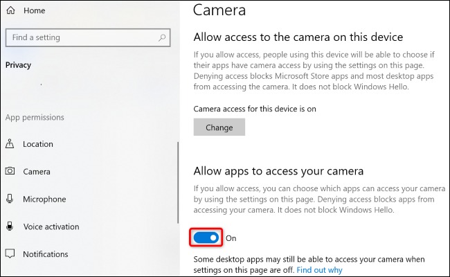 «Allow Apps to Access Your Camera» را روشن کنید.
