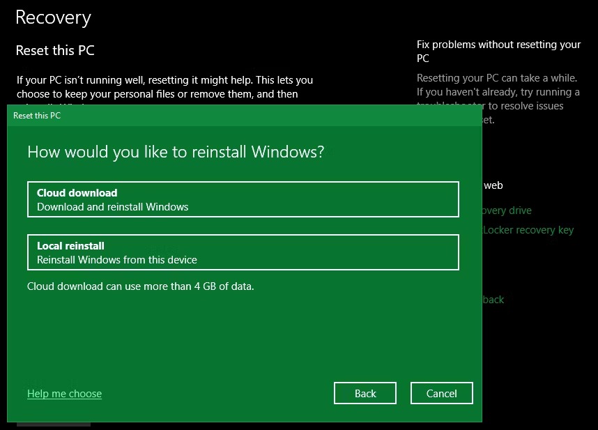 گزینه Cloud Reinstall Windows 10