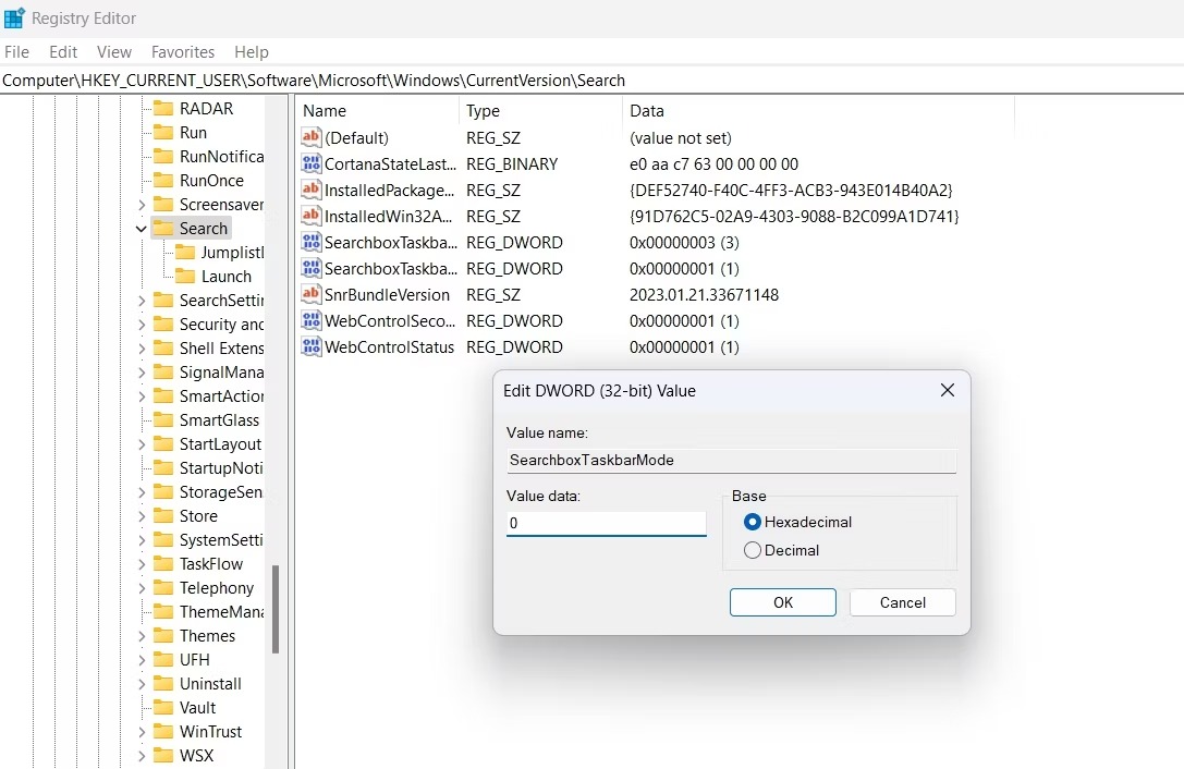 نحوه پنهان کردن نوار جستجو از تسک بار ویندوز 11 4 ویرایش ورودی SearchboxTaskbarMode در ویرایشگر رجیستری