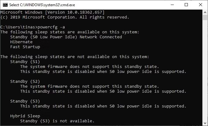 Windows 10 Command Prompt گزینه های آماده به کار موجود را فهرست می کند