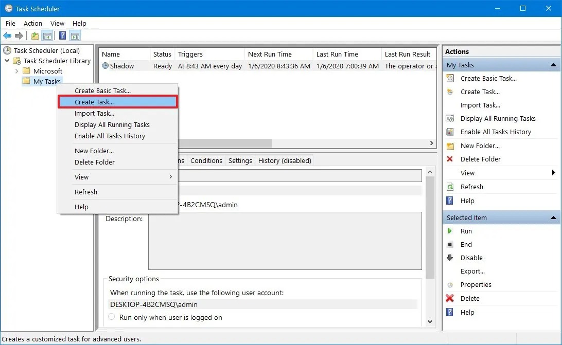 نحوه فعال کردن ورژن های قبلی برای بازیابی فایل ها در ویندوز 10 5 Task Scheduler گزینه کار پیشرفته ایجاد می کند
