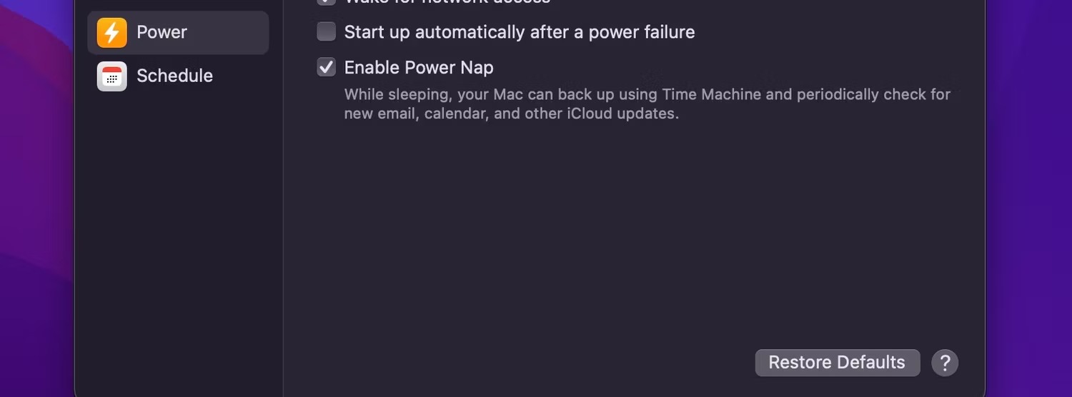10 قابلیت فرمان های Power Management در ترمینال مک 5 تصویر نمایش دکمه Restore Defaults در System Preferences