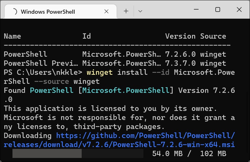Winget در حال دانلود نسخه جدید PowerShell از GitHub.