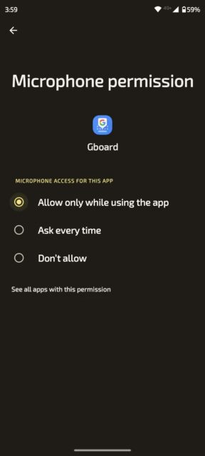 گزینه ای برای اجازه دادن به میکروفون Gboard انتخاب شده است
