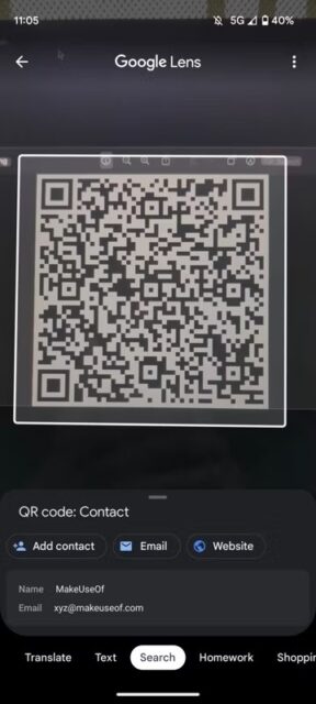 نتایج کد QR اسکن شده در Google Lens