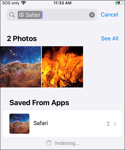 برای یافتن تصاویری که با استفاده از Safari دانلود کرده اید، 'Safari' را جستجو کنید.