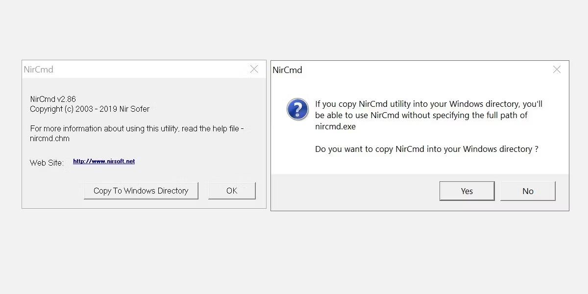NirCmd با دکمه Copy to Windows Directory و تایید