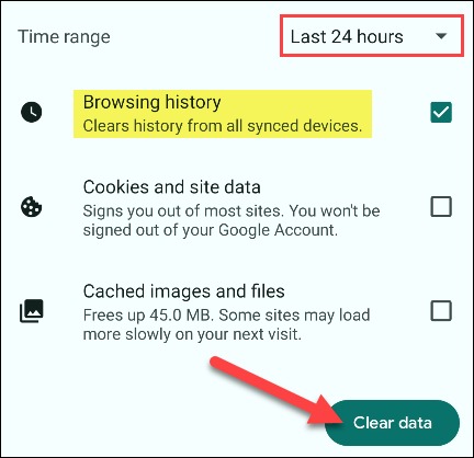 نحوه پاک کردن تاریخچه جستجوی گوگل در اندروید 9 یک محدوده زمانی را انتخاب کنید، کادر 'Browsing History' را علامت بزنید و روی 'Clear Data' ضربه بزنید.