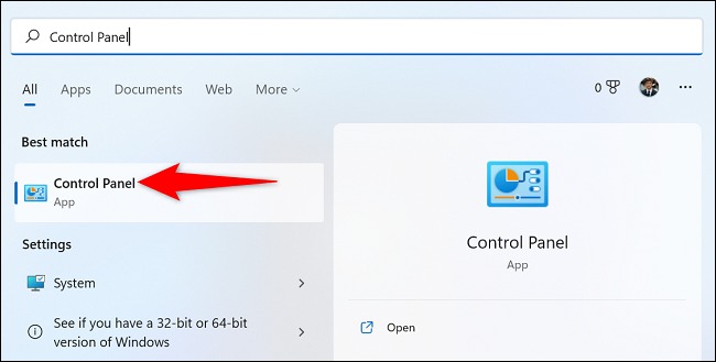 کنترل پنل در نتایج جستجوی ویندوز 11