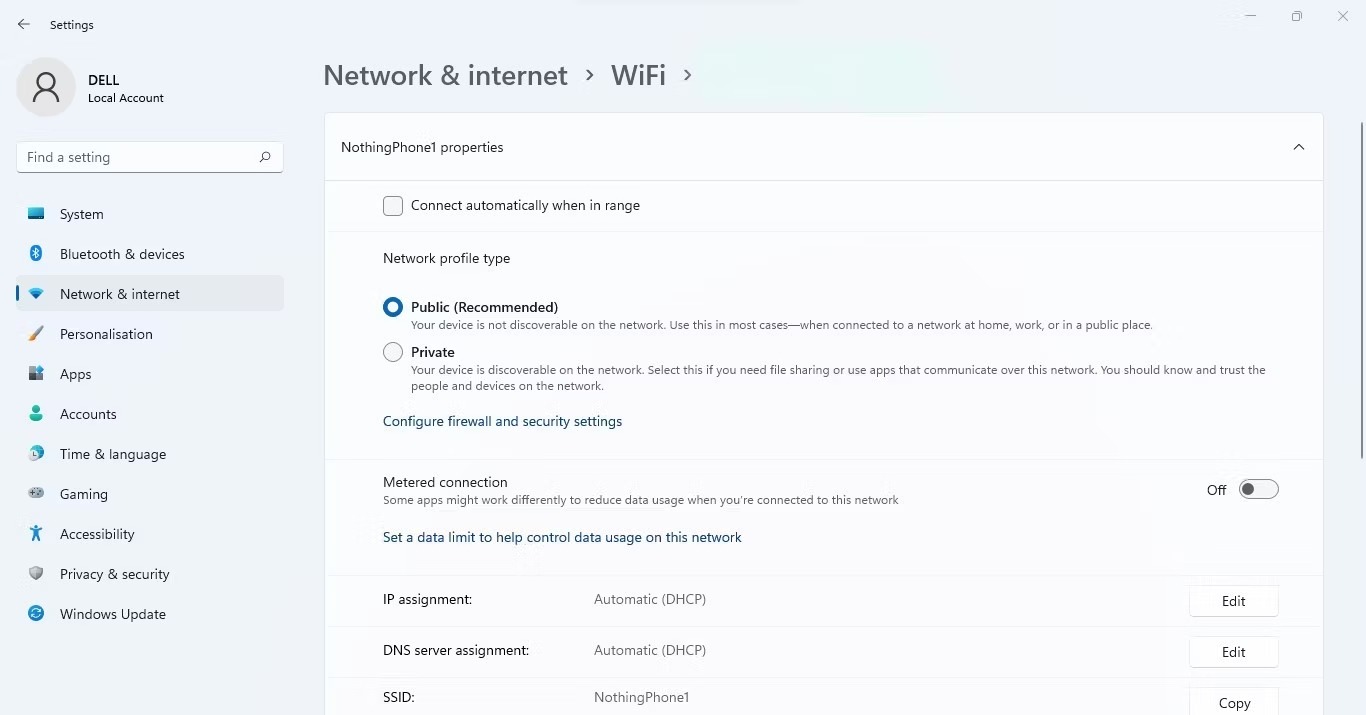 خاموش کردن گزینه Toggle Next to Metered Connection در تب Wi-Fi در برنامه تنظیمات ویندوز