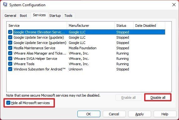 msconfig همه سرویس ها را غیر فعال کنید