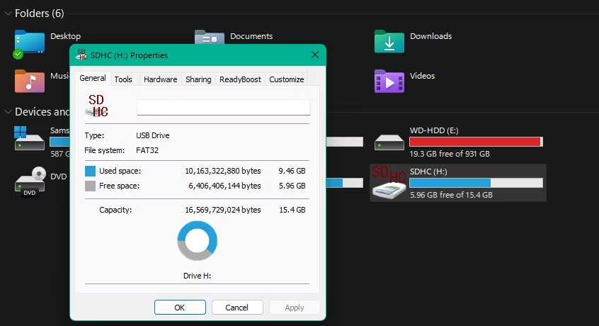 اطلاعات ذخیره‌سازی کارت SD ویندوز