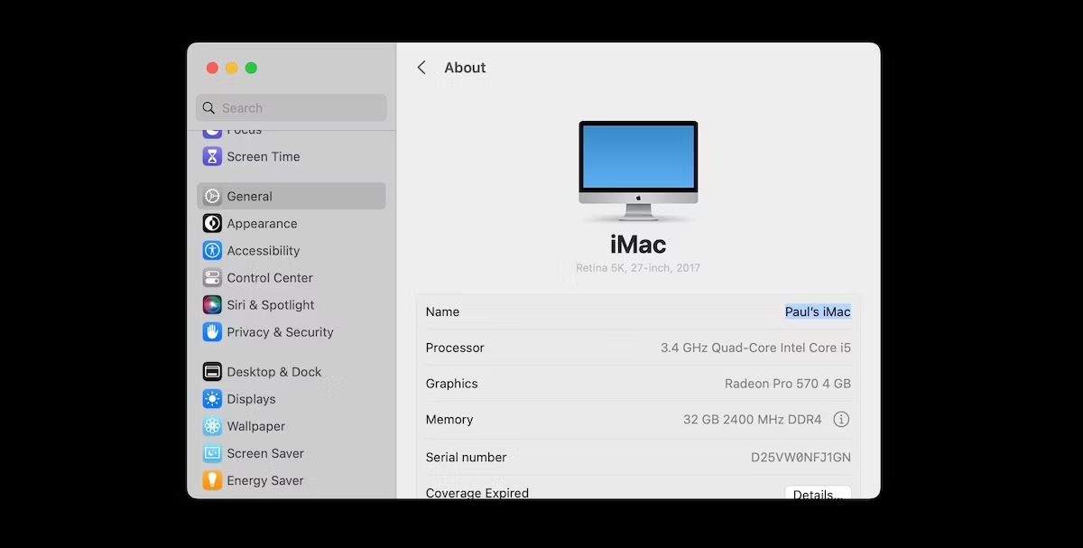 قسمت نام iMac در بخش عمومی تنظیمات سیستم برجسته شده است.